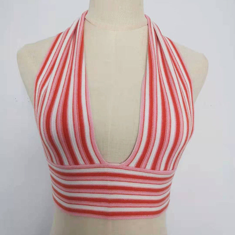 Contrast Color Halter Tied Top Sexy Backless Knitted Sling