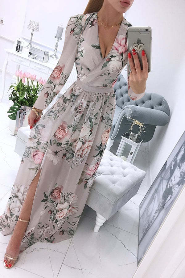 Women's Long-Sleeved V-neck Chiffon Printed Bohemian Dress