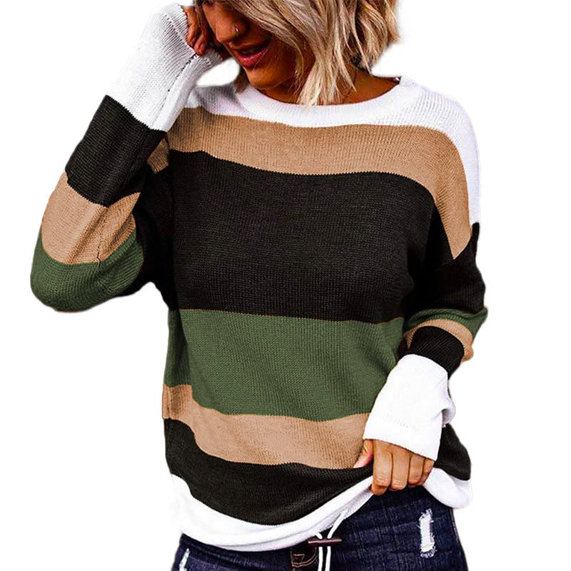 European and American Fashion Colorblock Women's Long-Sleeved round Neck Knitted Pullover