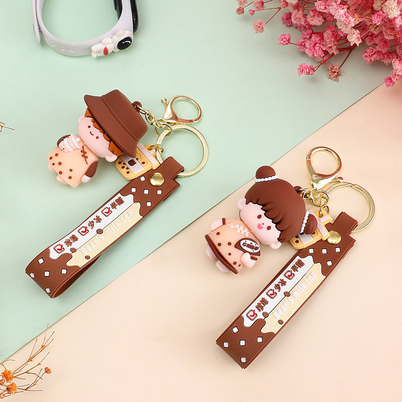 Cartoon Bubble Tea Couple Little Bear Keychain Cute Automobile Hanging Ornament Exquisite Bag Key Ring Pendants