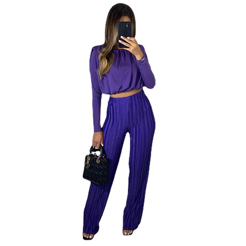 European and American Women's Clothing 2023 Spring O-neck Short Long Sleeve Underwear Blouse Pleated High Waist Casual Trousers Two-Piece Set