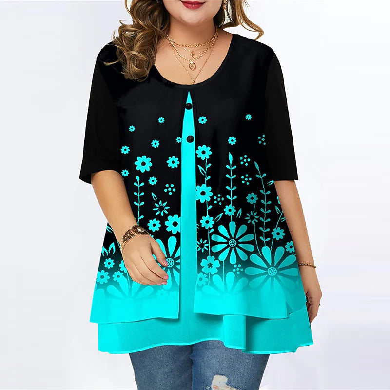 Large Size Chiffon Shirt Fake Two-Piece Printed Top Loose Shirt