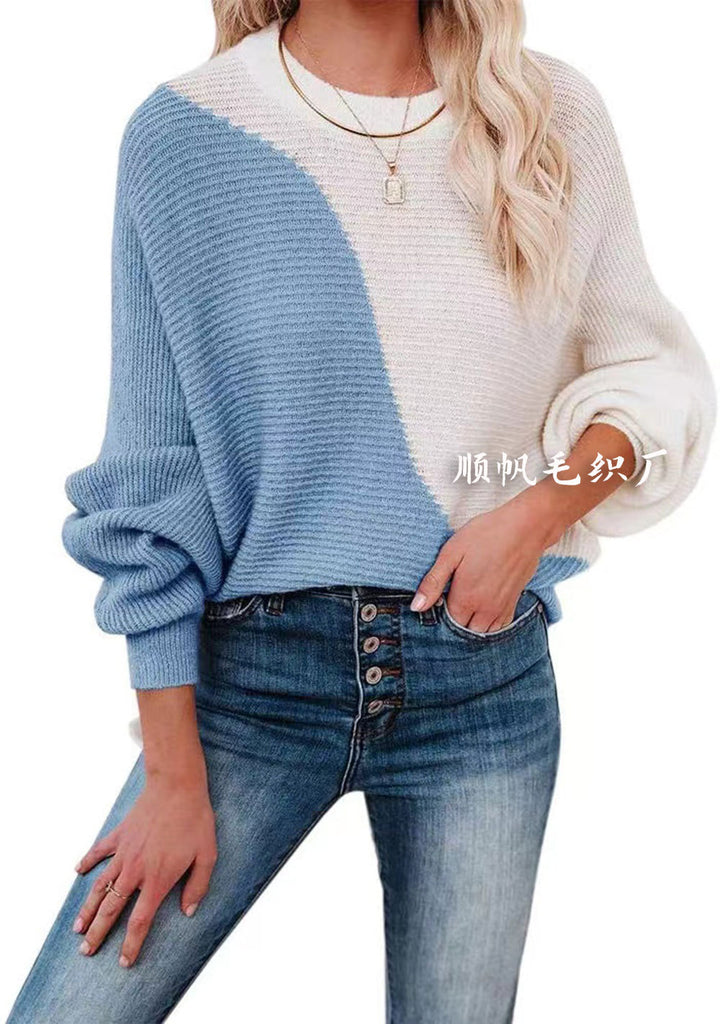 Batwing Sleeve Color-Block Crew Neck Knitwear Pullover Long Sleeve Sweater Women