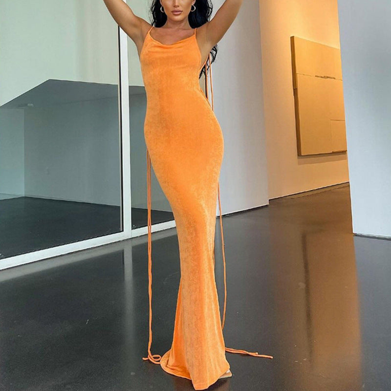Women's European and American Sexy Series Sling Close-Fitting Sheath Long Dress Slim Fit Elegant Elegant Shoulder-Baring Back Dress