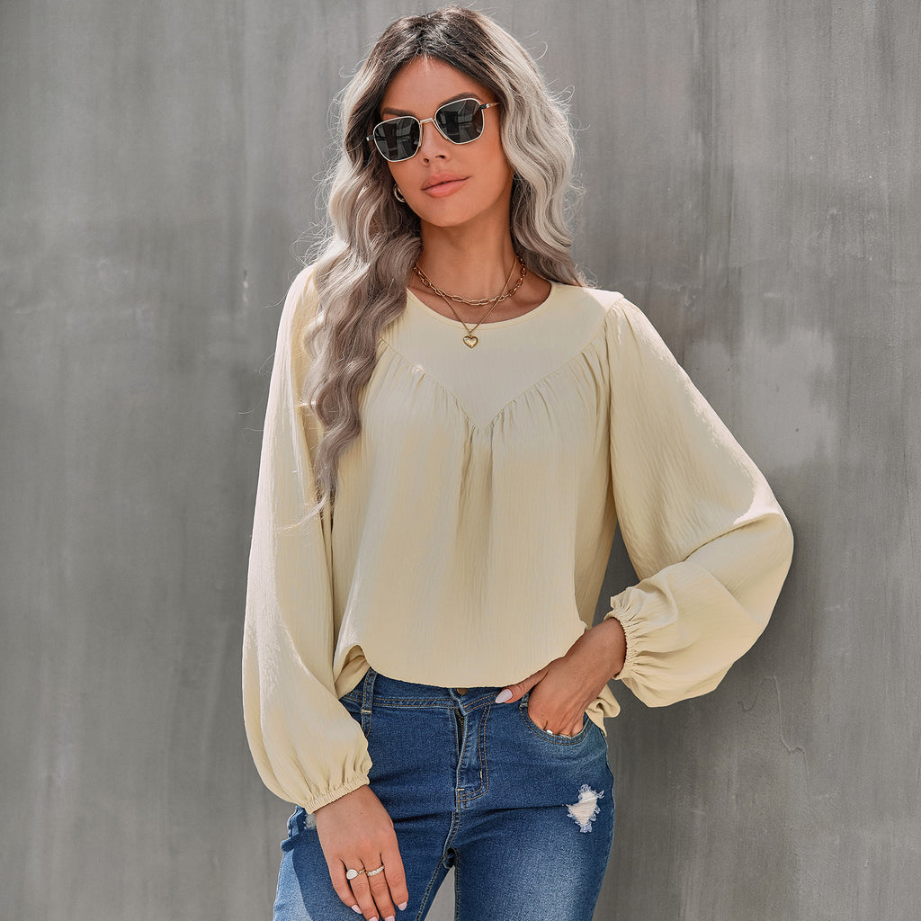 2022 early autumn new tops women's cross-border European and American women's clothing solid color round neck pullover shirt loose shirt