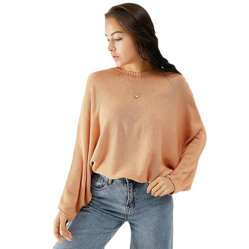 Women's Solid Color Loose-Fitting Casual round-Neck Knitted Sweater Long Sleeve