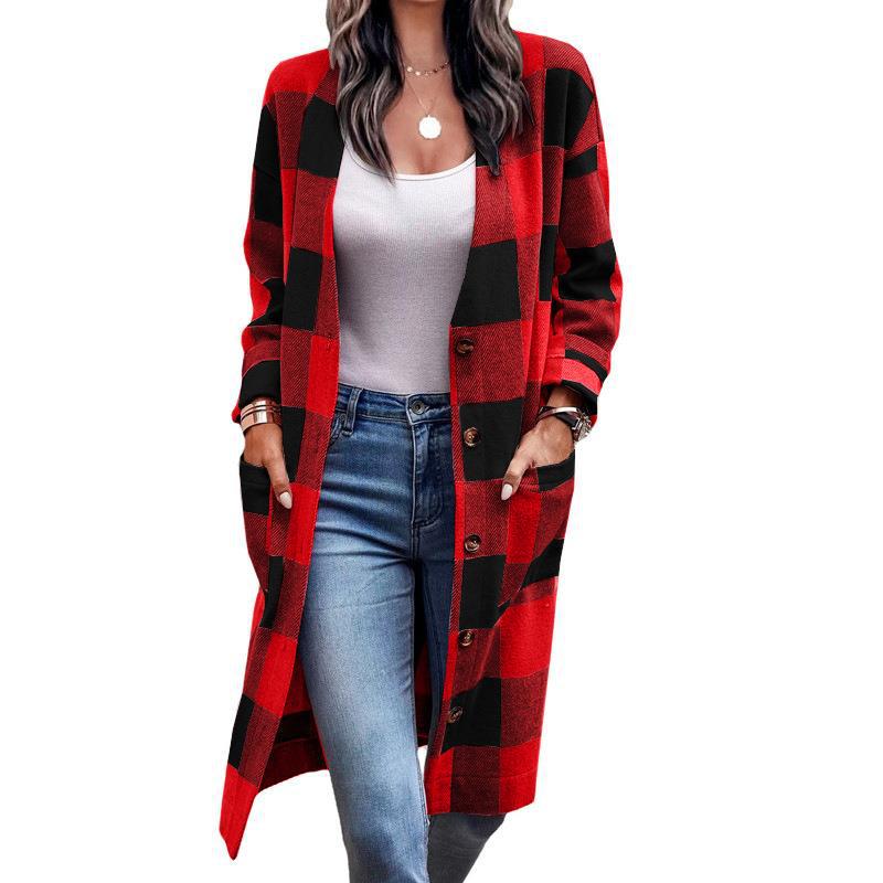 Bestseller Loose Plaid Button Pocket Printed Coat Cardigan for Women