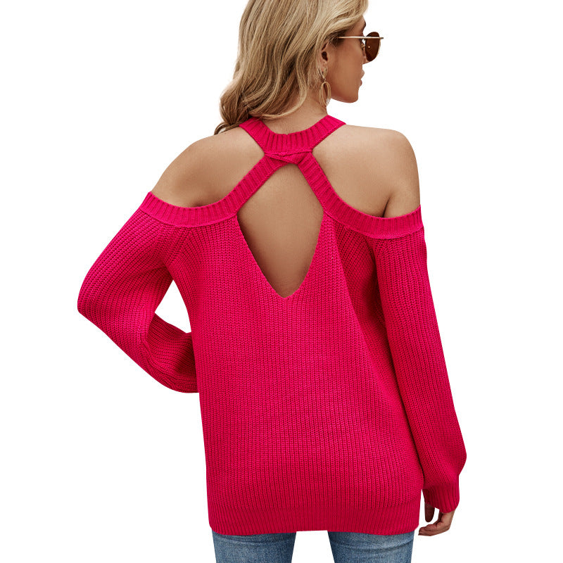 European and American Women's Clothing Sexy off-the-Shoulder Knitted Sweater round Neck Loose Long Sleeves Knitwear