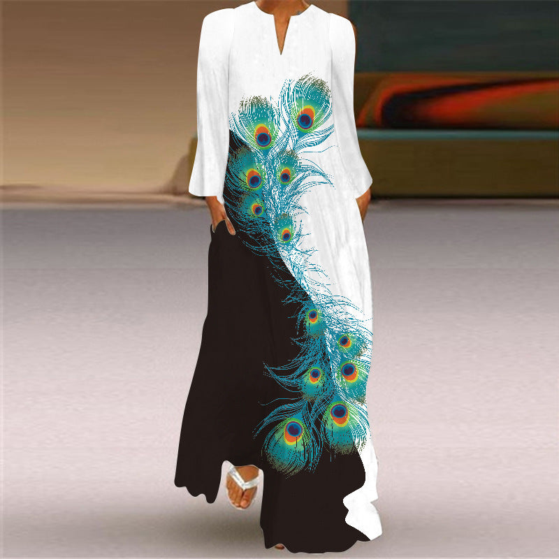 Fashion Sexy Print Long Dress V-neck Long Sleeve Pocket European and American Style Dress