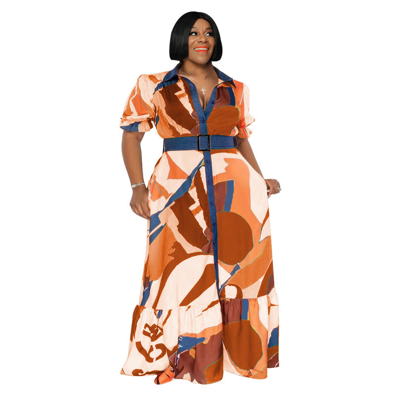 Color Printed Loose plus Size Women's Clothing Dress with Belt