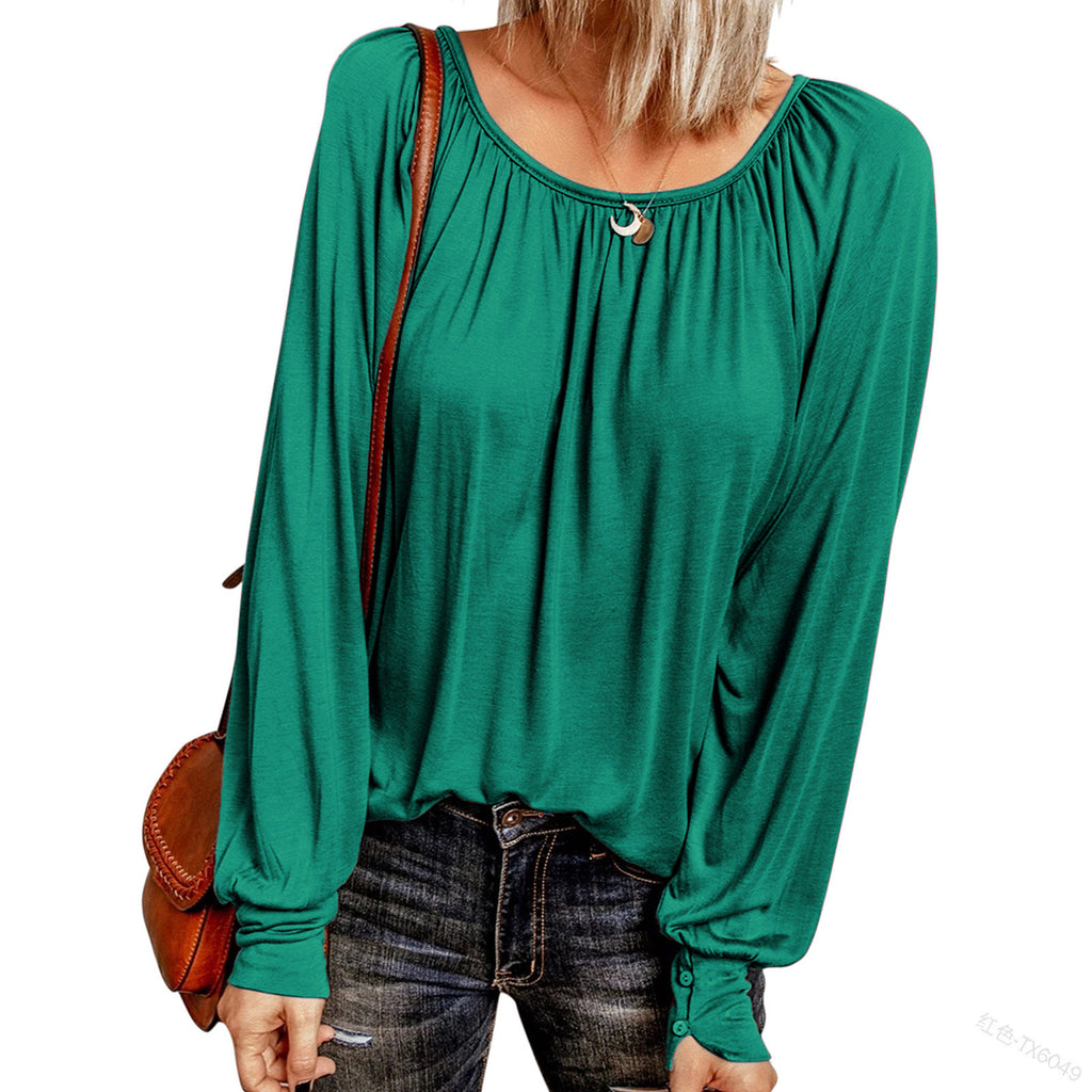 Bestseller Solid Color Crew Neck Casual Pleated Long-Sleeved Top