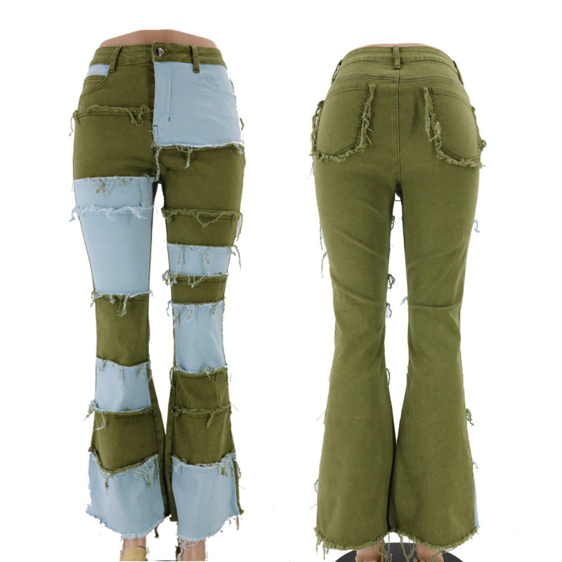 Fashion Color Contrast Patchwork High Waist Tight Hip Horn Women's Denim Trousers