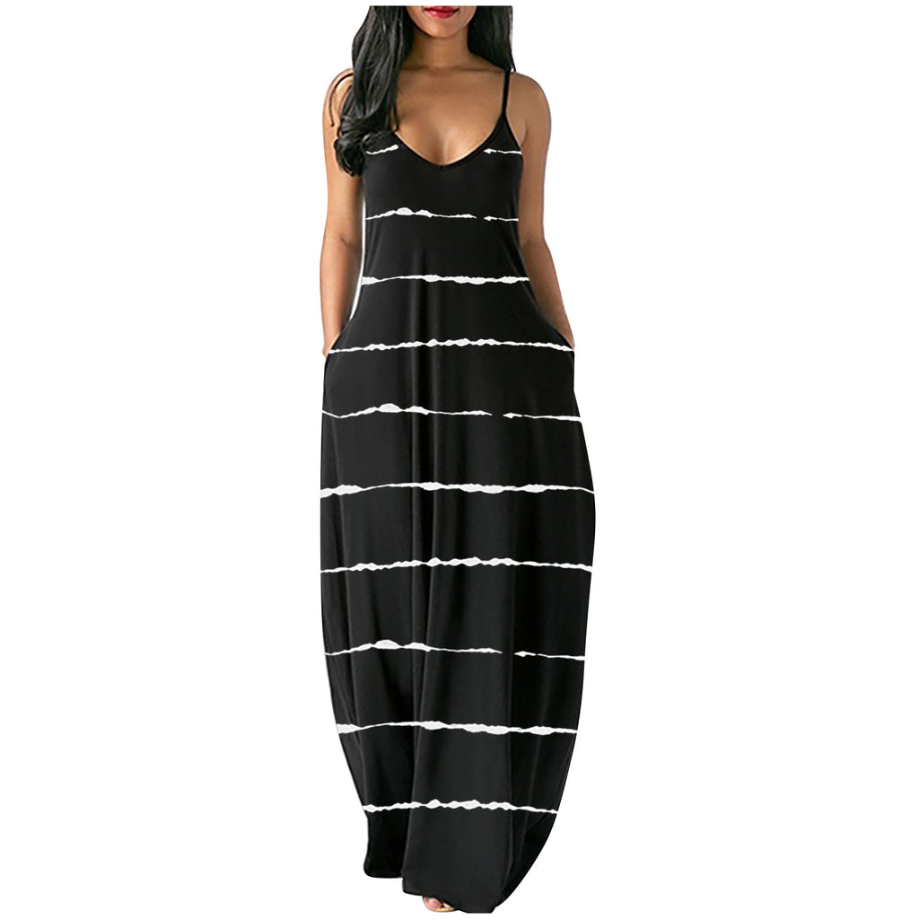 Striped Printed Sexy Deep V Strap Long Dress