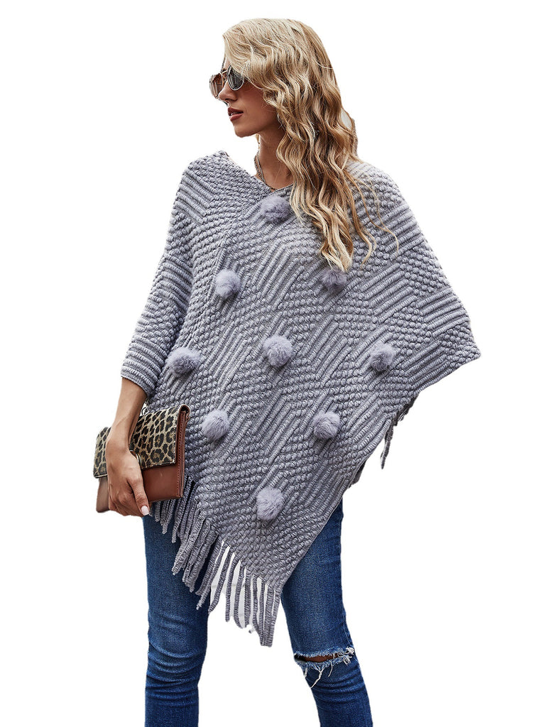 Autumn and Winter New Mid-Length Hairy Ball Tassel Shawl Sweater