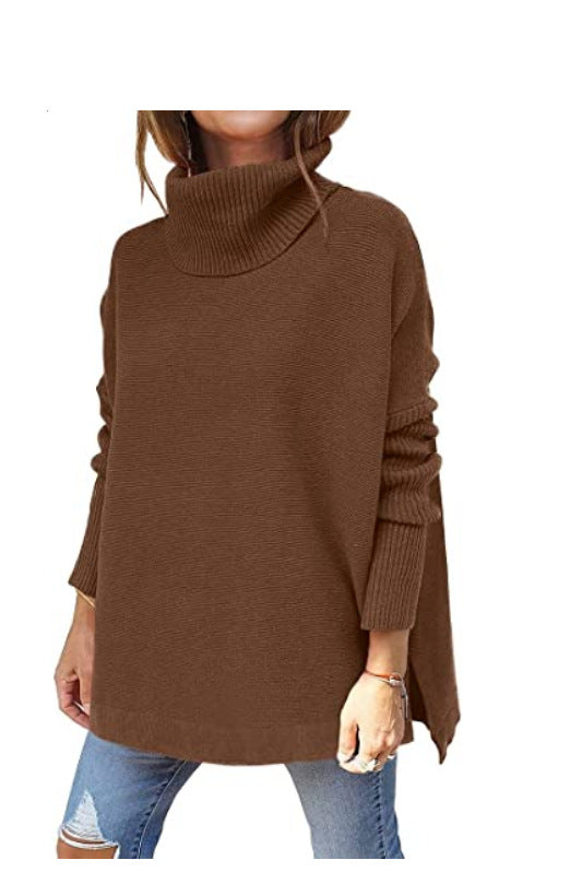 Women's Turtleneck Oversized Sweater Mid-Length Batwing Sleeve Hem Waist Pullover Sweaters Top