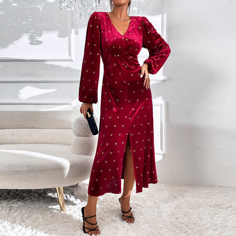 Women's V-neck Long Sleeve Long Waist Velvet Dress Red