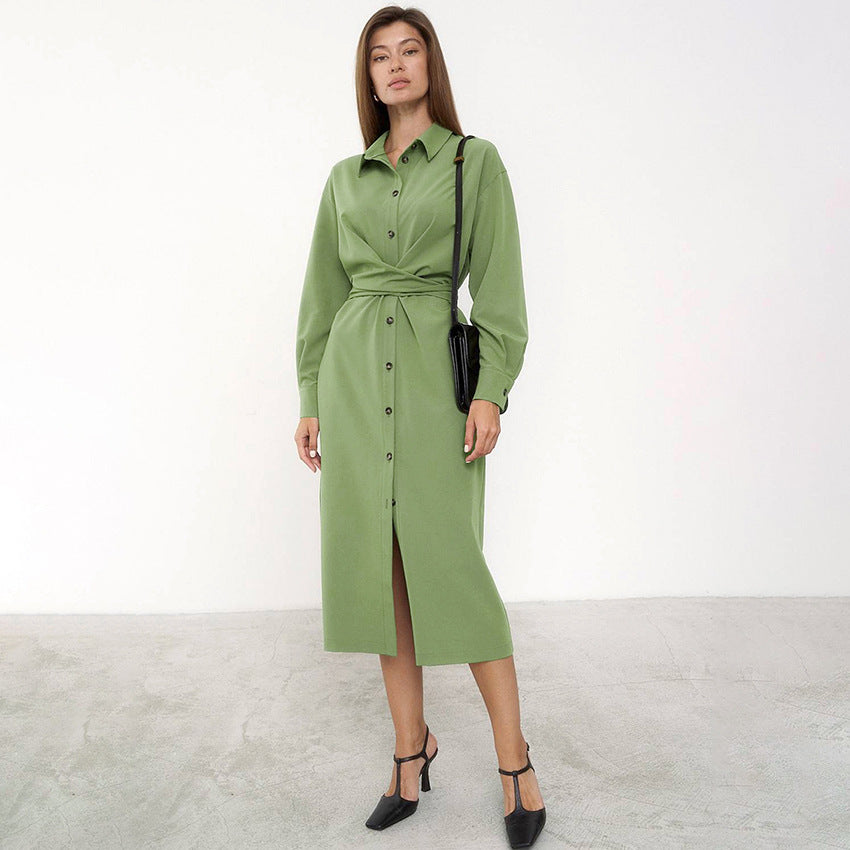 Commute Style Long Sleeve Shirt Skirt Midi Dress Casual Temperament