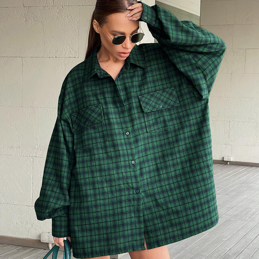 American Retro Green Plaid Oversized Shirt Niche Loose Long Sleeve Shirt