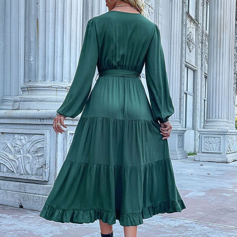 Fashion Women's Wear Autumn and Winter New Long Sleeve Pleated Green Dress