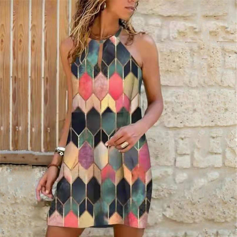 2022 summer women's elegant temperament commuter halterneck print dress