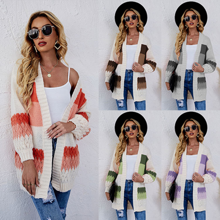 Fashion Women's Wear Sweater Cross-Border Color Contrast Patchwork Mid-Length Loose Knitted Cardigan Coat