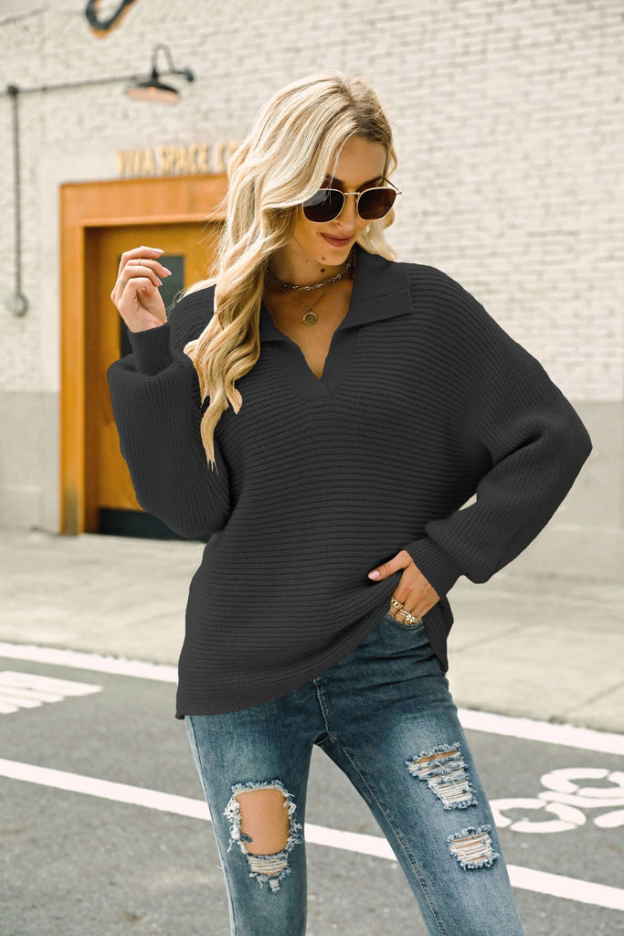 Bestseller Fashion Long Sleeve Solid Color Sweater Loose Pullover Lapel Sweater