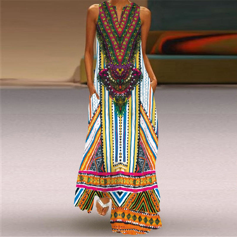 Women's Vintage Printed Long Dress V-neck Sleeveless Pocket Summer Sexy Dress