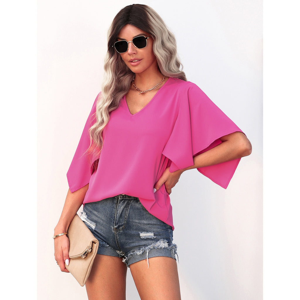 2022 Spring And Summer New Women 'S Short-Sleeve Shirt Fashion Solid Color And V-neck All-Matching Shirt