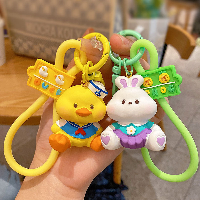 Creative Doodle Face Animal Keychain Doll Pendant Cute Cartoon Sitting Posture Bunny Car Key Chain