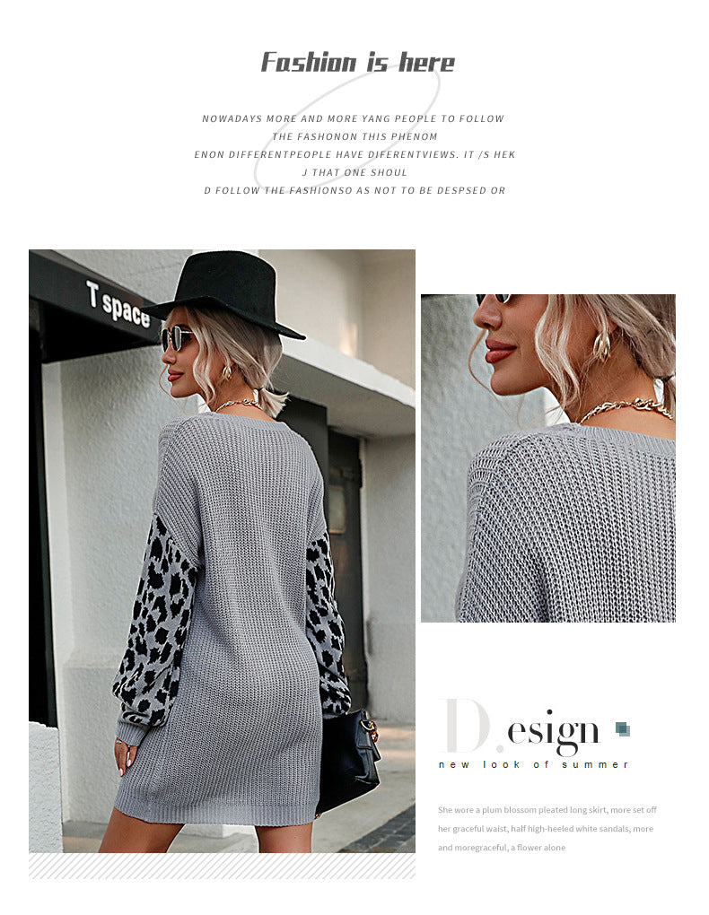 Amazon 2022 Autumn and Winter New European and American Retro Women Knitted Dress V-neck Stitching Leopard Print Pullover Sweater