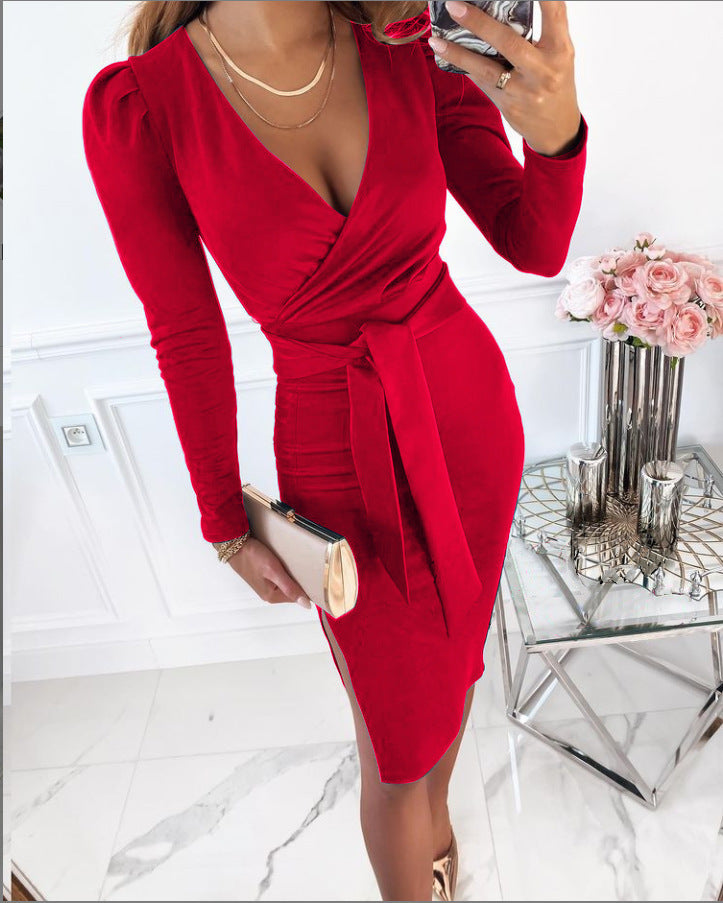 V-neck Sexy Temperament Commute Lace-up Solid Color Dress for Women