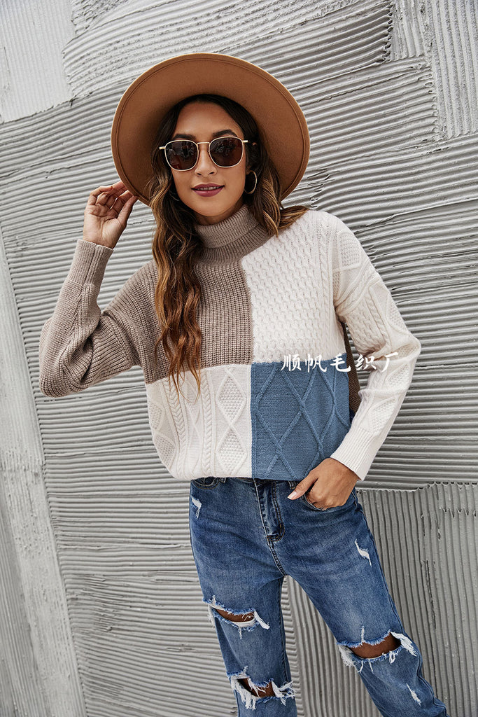 Color Matching Turtleneck Sweater for Women Loose and Simple Knitwear for Women