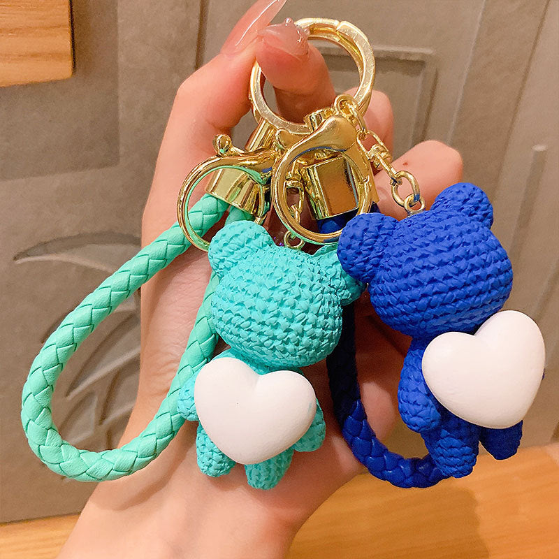 Cartoon Hug Peach Heart Woven Bear Keychain Female Cute Couple Pendant Creative Car Key Chain Ornaments