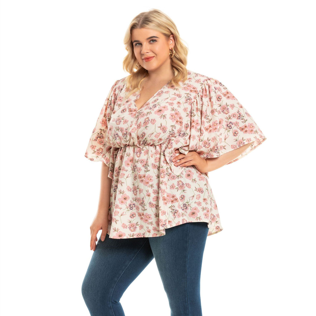 Flying Sleeves Loose V-neck plus Size European and American Ladies Top