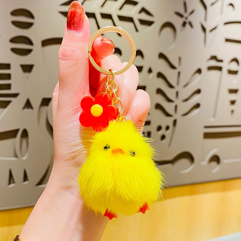 Cartoon Cute Plush Mink Fur Chicken Creative Car Keychain Schoolbag Pendant a Pair of Internet Celebrity Small Gifts