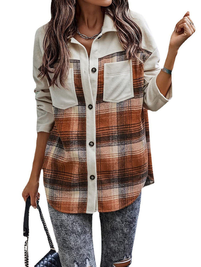 Woolen Plaid Coat Contrast Color Casual Loose Pockets Shirt for Women