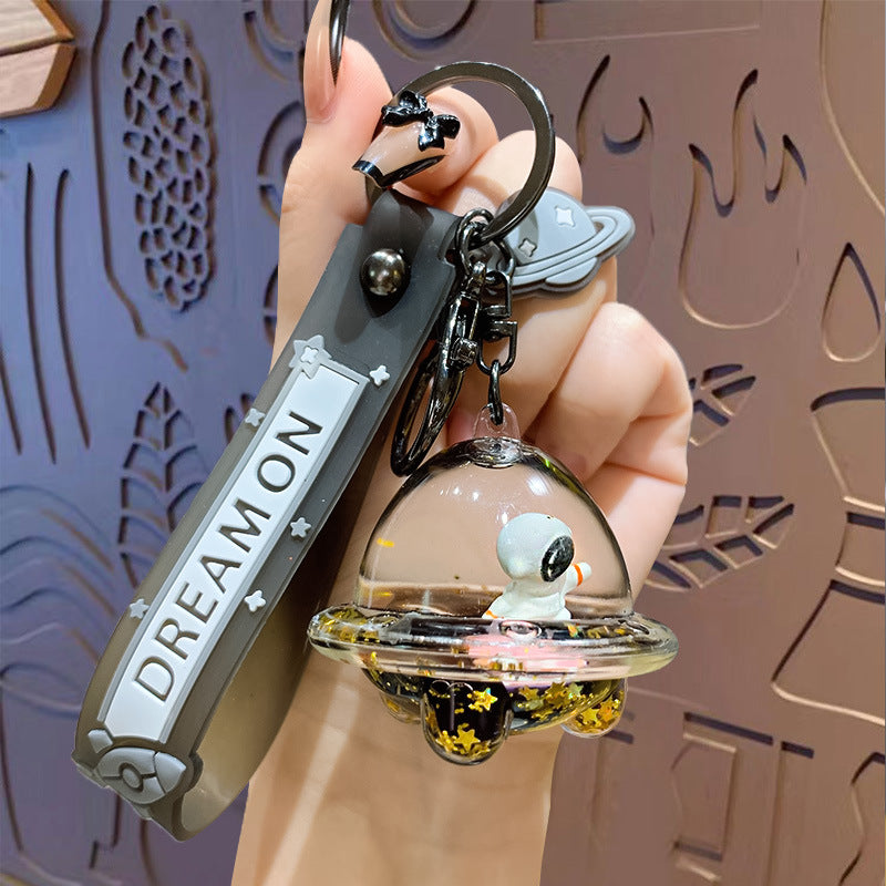 Cartoon Oil Entry Astronaut Spaceship Quicksand Bottle Keychain Pendant Trendy Cool Car Key Ornament Small Gift