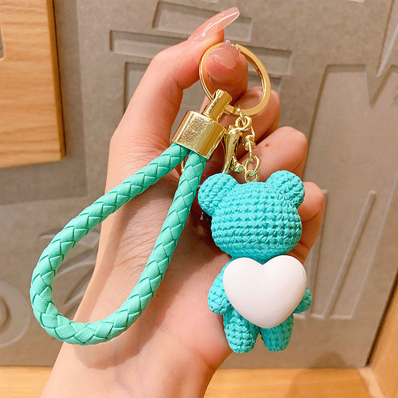 Cartoon Hug Peach Heart Woven Bear Keychain Female Cute Couple Pendant Creative Car Key Chain Ornaments