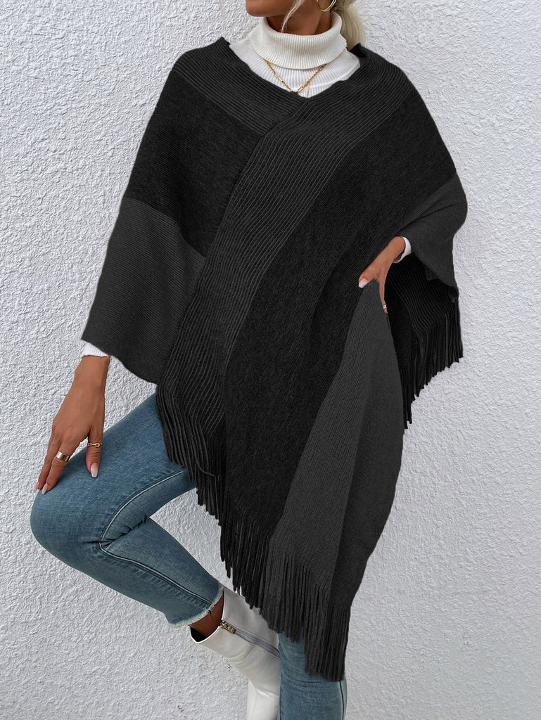 Autumn and Winter New Striped Contrast Color Tassel Shawl Sweater Cloak