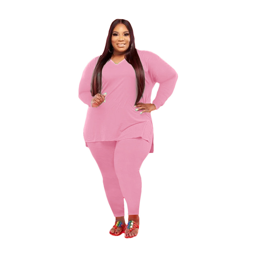 Large Size Women's Clothing Fashion Casual Solid Color Two-Piece Set Women