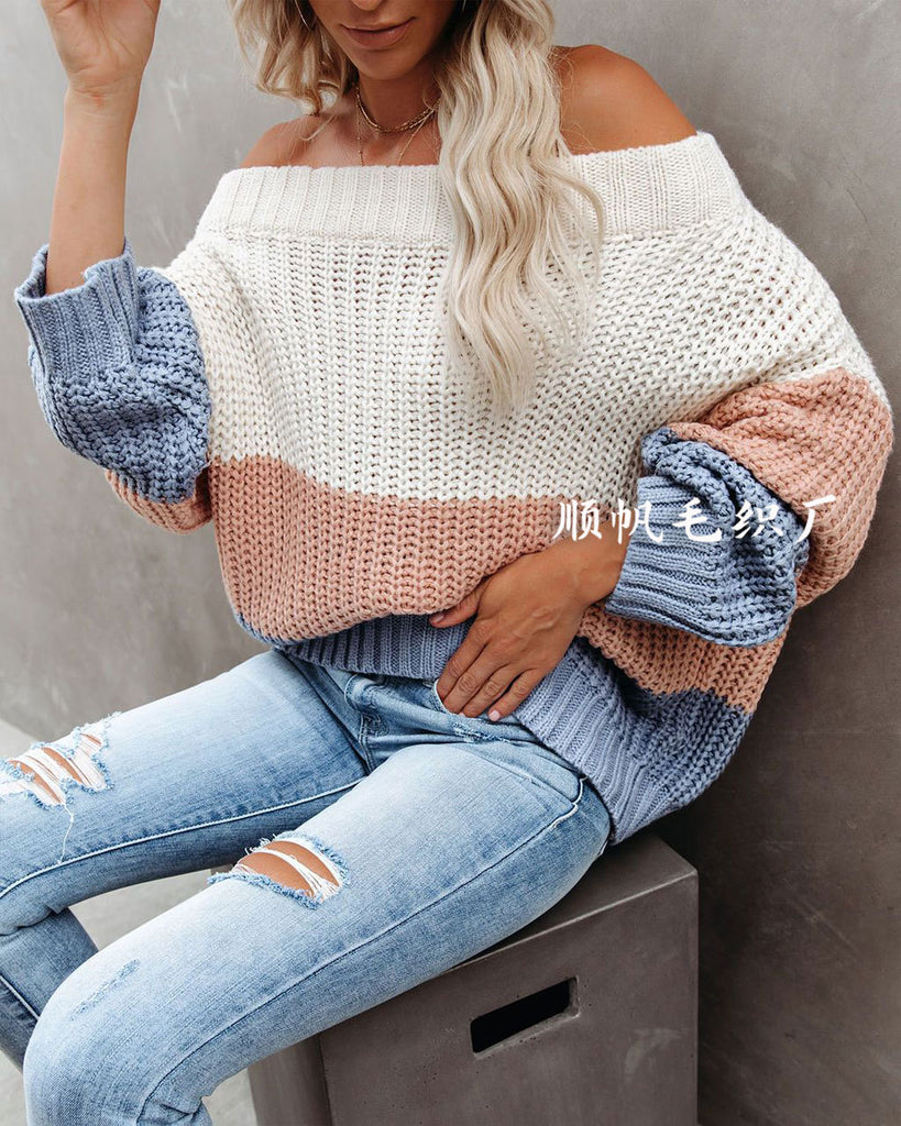 Women's Patchwork Women's Knitwear Pullover Ol Commuter Color Loose Sweater