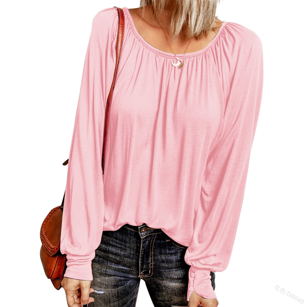 Bestseller Solid Color Crew Neck Casual Pleated Long-Sleeved Top