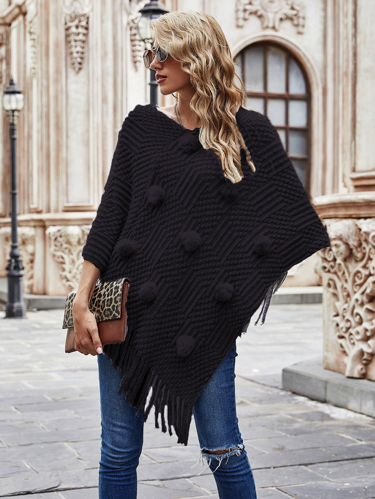 Autumn and Winter New Mid-Length Hairy Ball Tassel Shawl Sweater