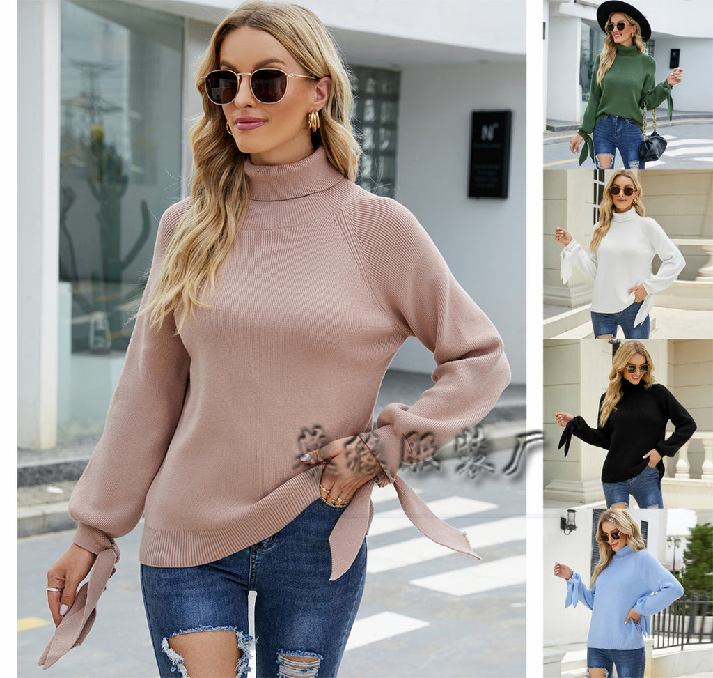 Fashion Long Sleeve Lace-up Knitted Loose Pullover Turtleneck Sweater Women