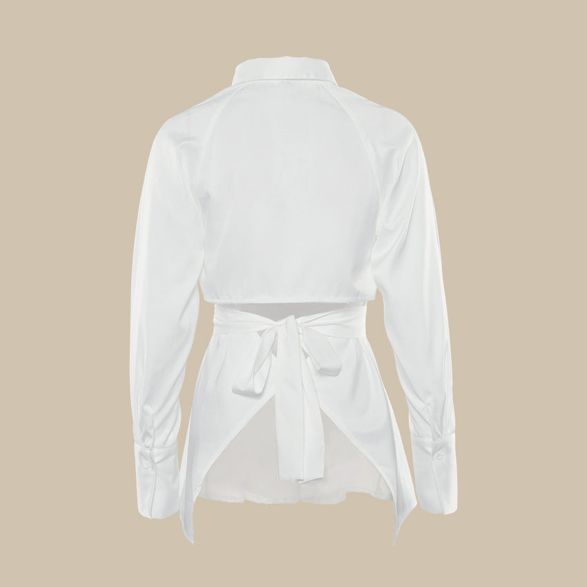 Long Sleeve Hollow-out Design Backless Lace up Waist-Tight French Style Temperament Shirt for Women