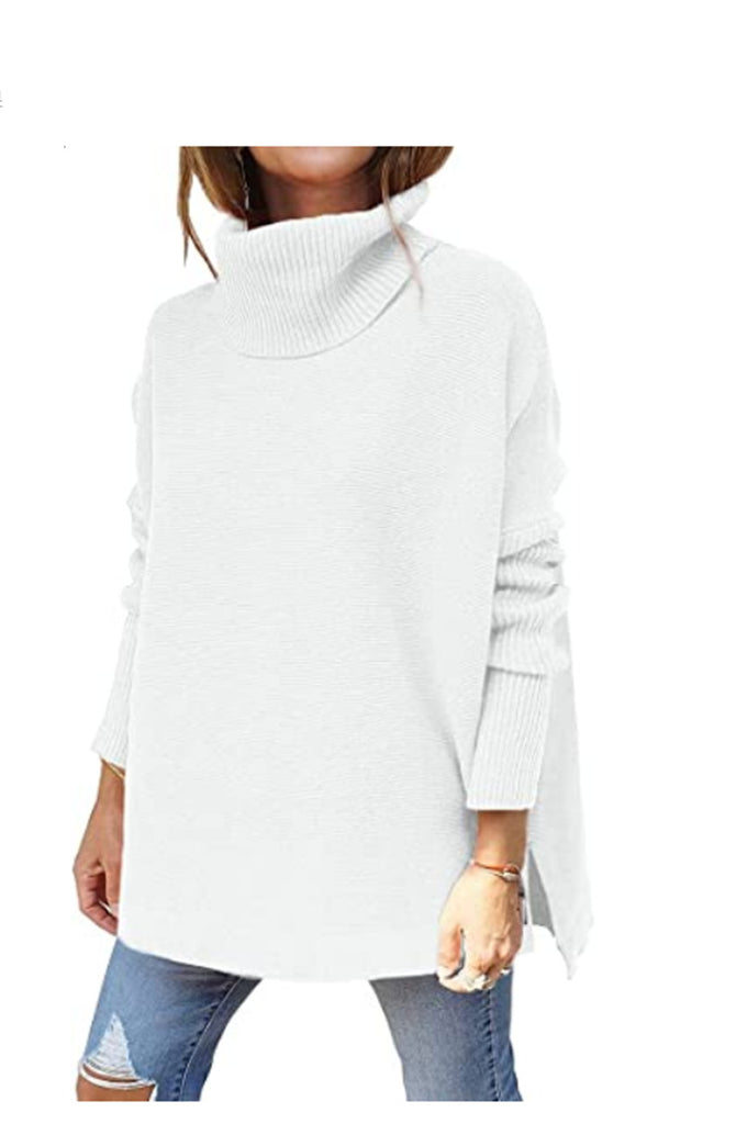 Women's Turtleneck Oversized Sweater Mid-Length Batwing Sleeve Hem Waist Pullover Sweaters Top