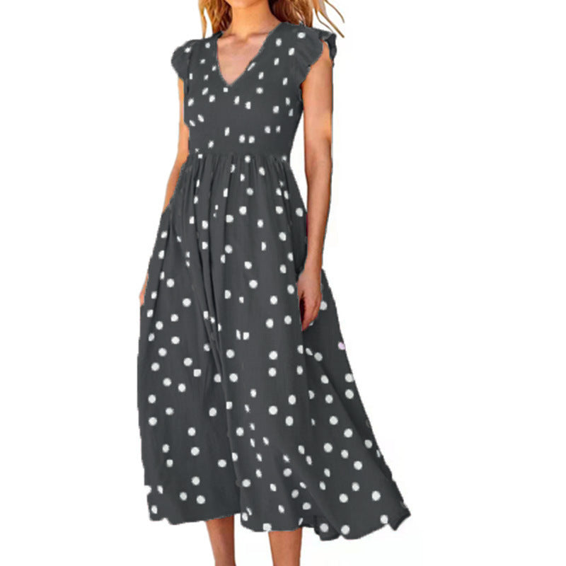 Bestseller V-neck Tight Waist Large Skirt Polka Dot Printed Dress for Women