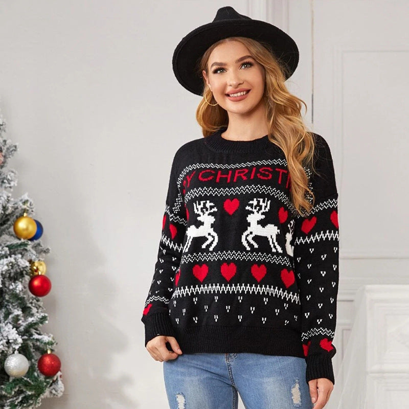 Christmas Sweater Women's Pullover round Neck Loose and Idle Deer Jacquard Sweater