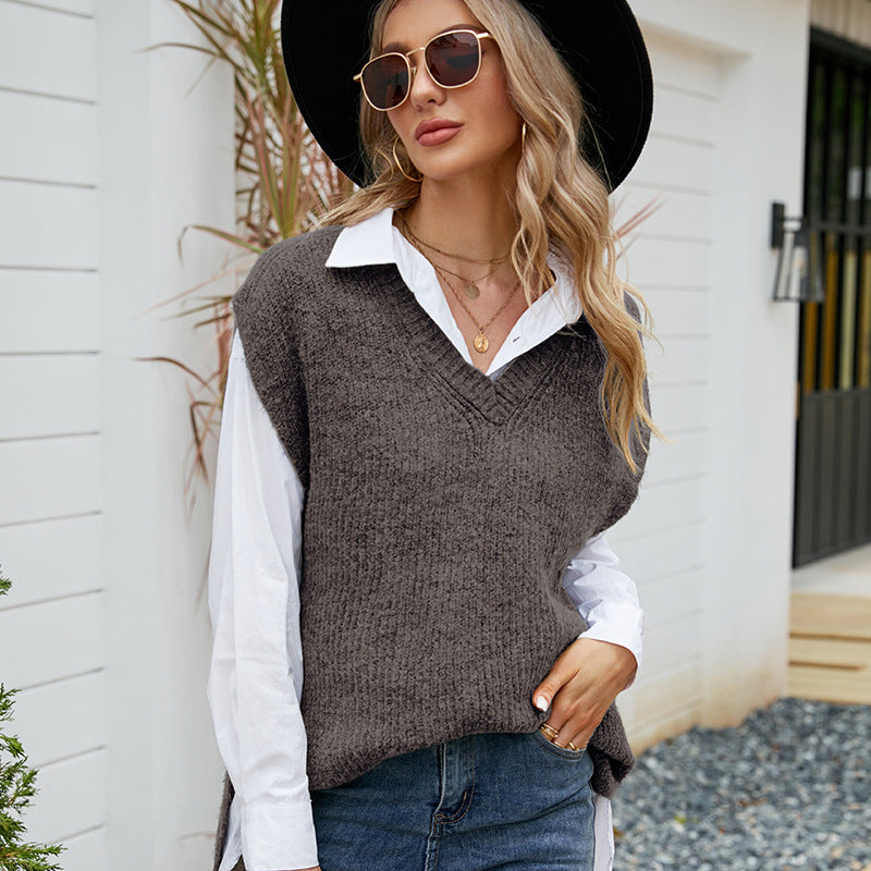 Casual Vest Top Mid-Length Sleeveless V-neck Sweater Loose Outer Wear Knitted Vest