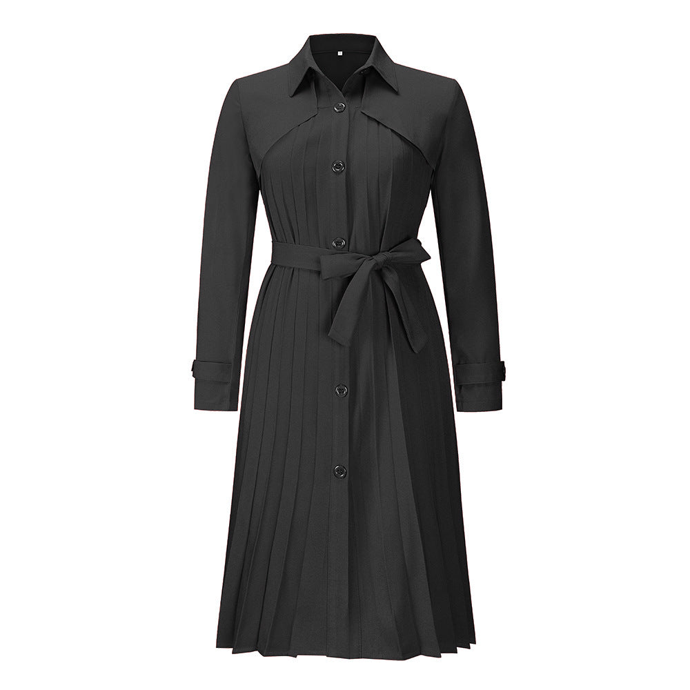 Casual Trench Coat Temperament Slim-Fit Pleated Skirt New Ladies Long Sleeve Dress